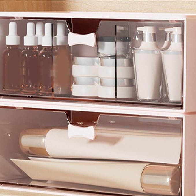 Desktop Lipstick Cosmetic Makeup Organizer Stackable Storage Box Pink