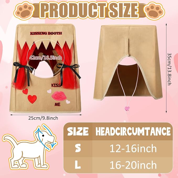 Halloween Dog Kissing Booth Costume Headpiece for Pets, Brown, L/XL | Pet Headwear for Dogs Cats with Red Fabric Hearts, Party Birthday Photo Prop, Fun Costume Gift for Pups