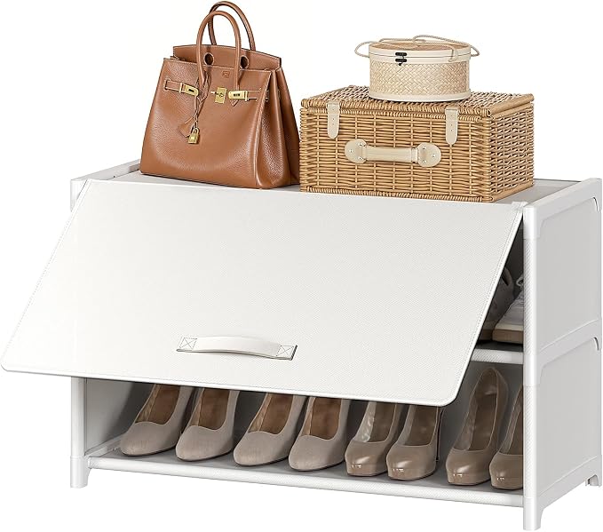 3 Tier Shoe Cabinet with Door, 12-Pair Storage, White | Compact for Small Closets, Holds Heels, Sneakers, Boots, Door for Dust Pet Protection, Quick Easy Set Up