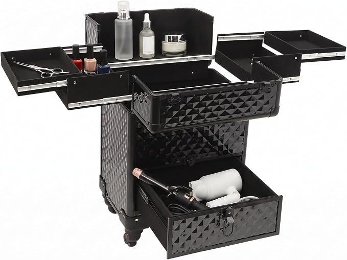Rolling Makeup Train Case, Aluminum Cosmetic Trolley Organizer with 4 Universal Wheels, Large Capacity Travel Case with Lock for Nail Artist, Hairstylist in Salon, Studio, Travelling (Black)