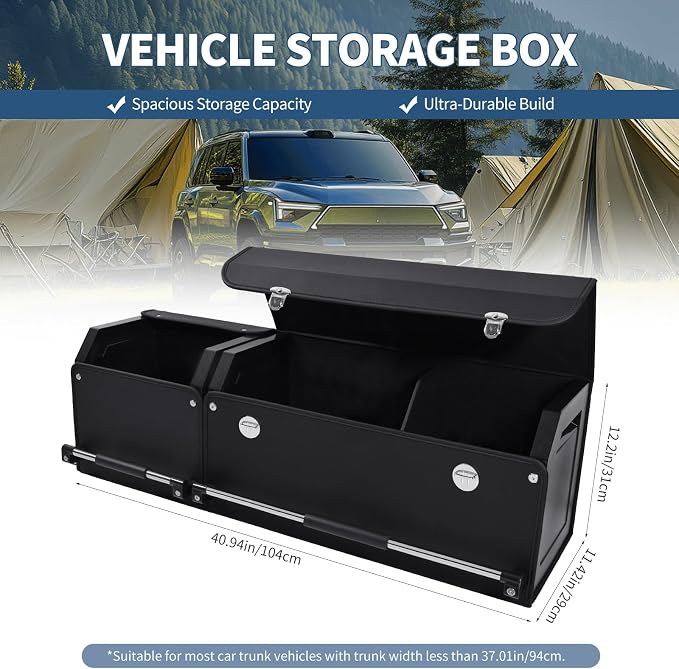 Leather Car Trunk Organizer SUV Trunk Organizer Car Trunk Storage Organizer | Large Trunk Organizer with Lid and Sturdy Handle Car Cargo Storage Box (Black, 41 x 11.4 x 12.2in)