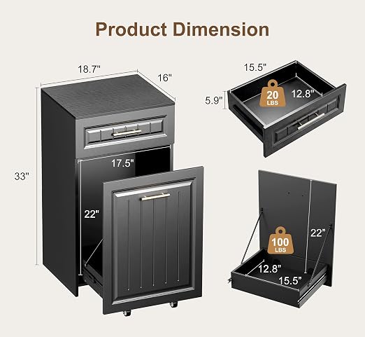 ZIFTY 13 Gallon Pull Out Trash Can Cabinet Kitchen, Laundry Hamper, Black | Pet Proof, Freestanding Kitchen Cabinet, Hideaway Drawer, Wooden Garbage Recycling, Modern Farmhouse Waste Bin Furniture