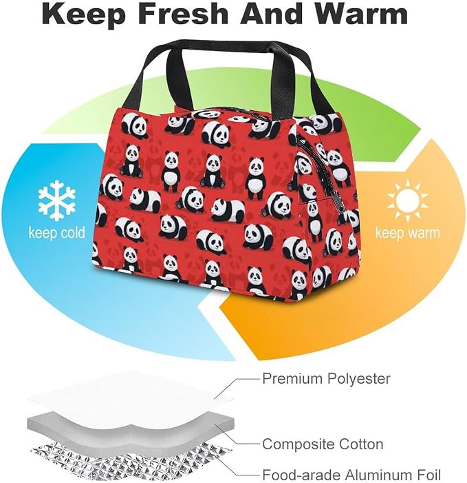 Fashion Insulated Lunch Bag, Bear Panda Red | Lunch Tote Bag, for Work Picnic, Leakproof Cooler Bags, with Sturdy Zipper and Handle, for Women Men