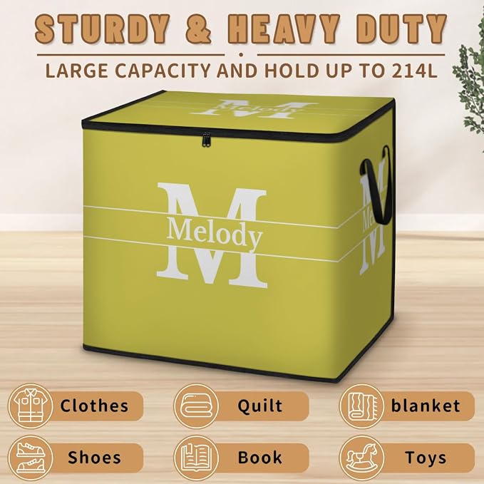 Custom Storage Baskets Cubes for Home with Name, Initial Letter Large Foldable Organizer Collapsible Storage Bins for Home Blanket Comforters Clothes Closet Nursery, Lemon Yellow