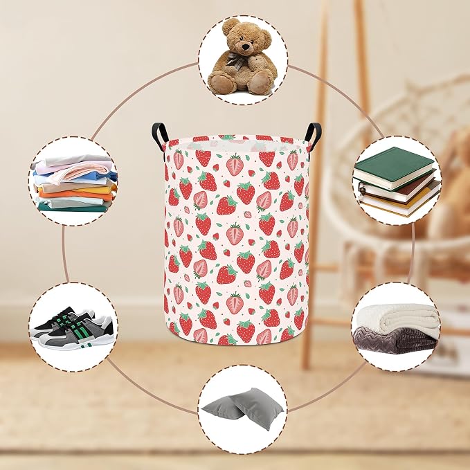 Strawberry Fabric Storage Bin Nursery Organizer Basket | Organizer Bin Dirty Clothes Collapsible Waterproof for College Dorms, Boys and Girls Bedroom,Bathroom