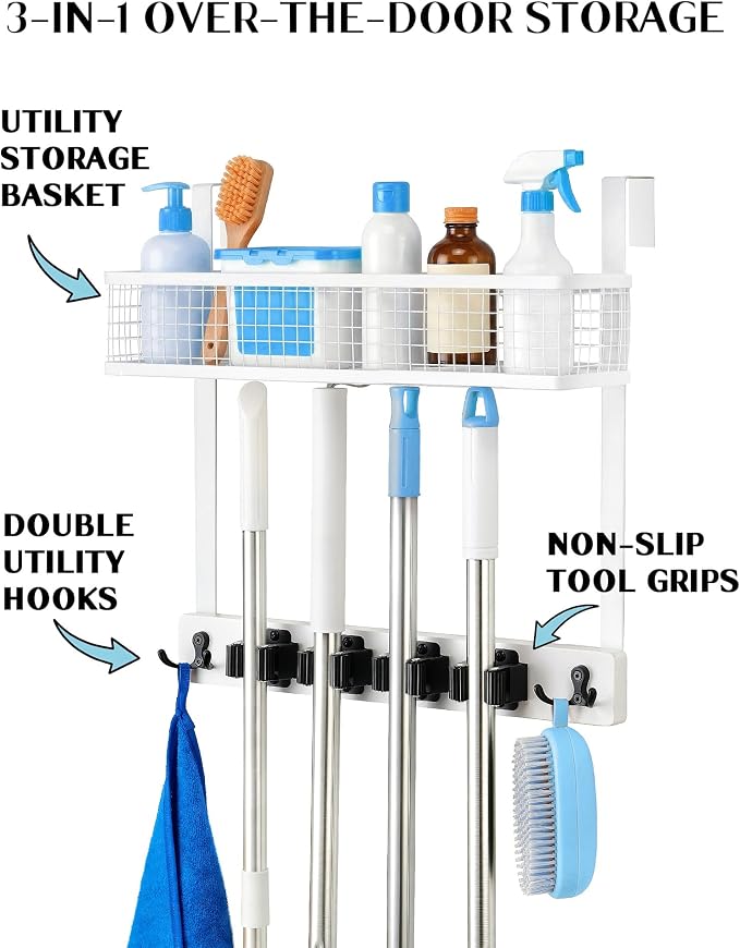Lorbro Over the Door Broom and Mop Holder with Basket, 4 Grips and 4 Hooks | No-Drill Door Mount, Cleaning Supply Organizer, Wood and Metal Build, Secure Grip Slots, Laundry Garage Closet Use