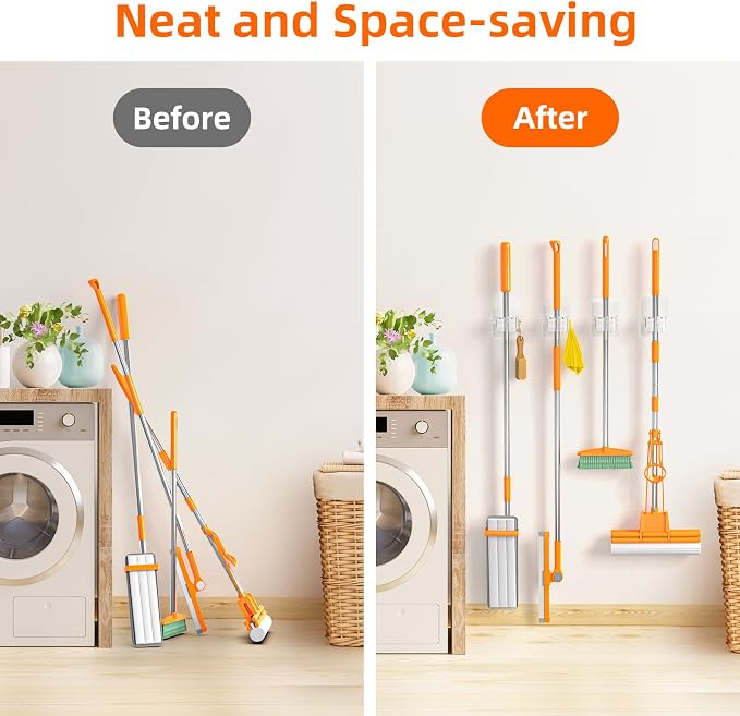 Batur Broom Holder Wall Mount, 4 Pack New Version Adhesive Mop and Broom Holder Wall Mount, Super Anti-Slip Broom Hanger Mop Organizer Wall Hanging for Bathroom, Kitchen, Laundry Room