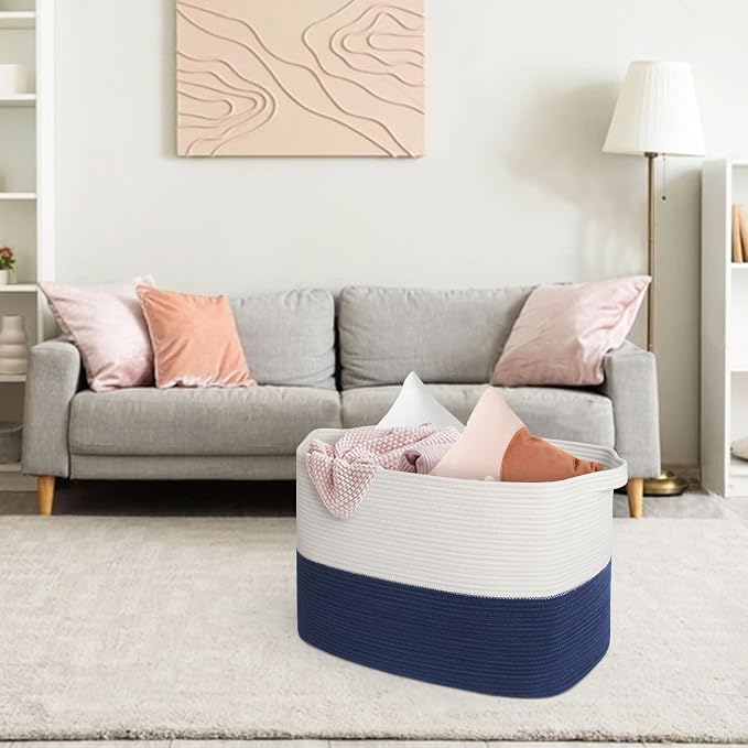MEGASKET 108L Super Large Blanket Basket, 25" x 16" x 16" Jumbo Rectangle Basket for Blankets Living Room, Woven Cotton Rope Pillow Holder Organizer, Oversized Kids Dog Toy Storage Bin Box, Dark Blue