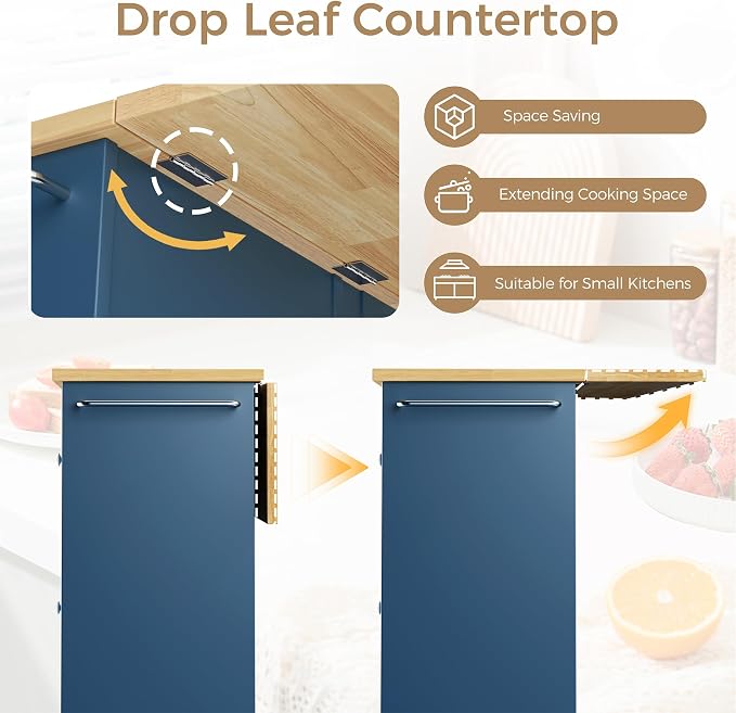 QAQA 40" Kitchen Island Cart Furniture cart on Wheels Rolling Portable Dining Room Serving Utility Carts Mobile Movable with Drawers Cabinet,Blue