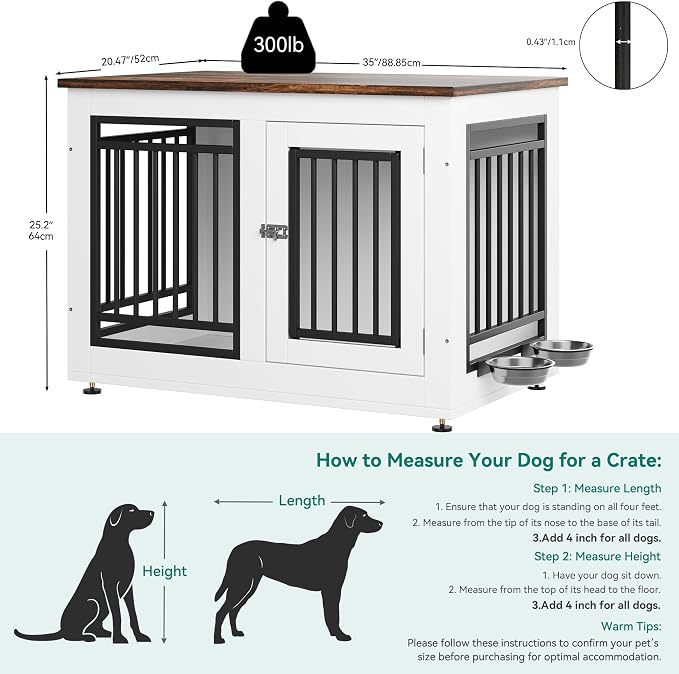 YITAHOME 35" Dog Crate Furniture, Wooden Side End Table with Adjustable Feet and Removable Bowls, Dog Kennel Indoor for Small Medium DogsV | Wooden Side End Table, Dog Kennel Indoor for Small Medium Dogs