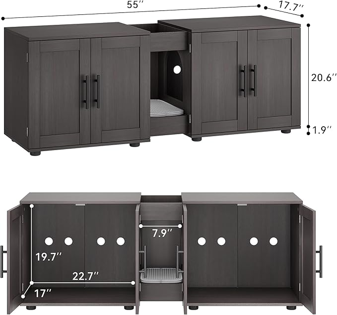 55" Cat Litter Box Enclosure Furniture, Wooden Hidden Litter Box Cabinet with Barn Door & Double Rooms, 3 in 1 Large Cat Litter Cabinet Pet Furniture for Living Room & Bedroom