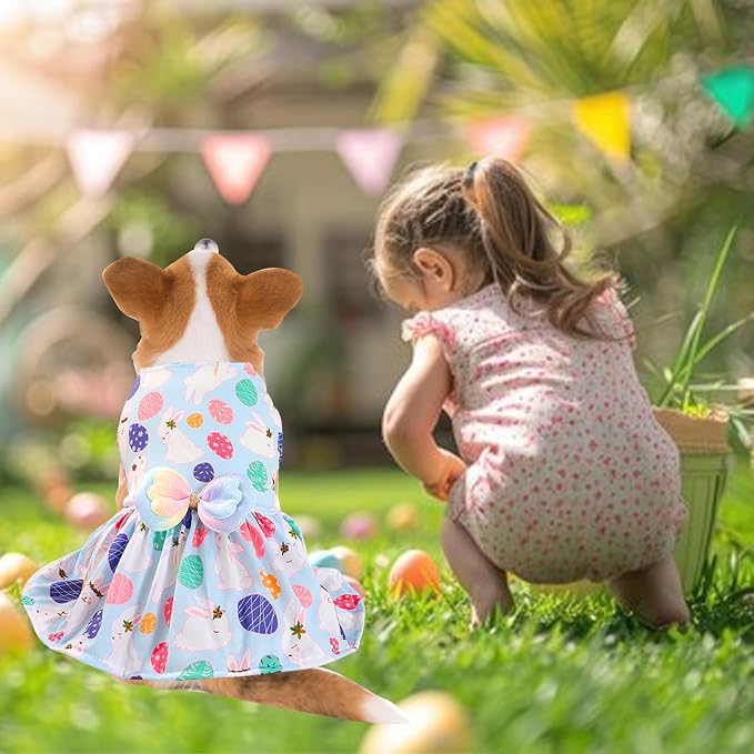 Easter Dog Costume Dress for Pets, Easter Bunny Pet Outfit Dogs Bow Clothes,Light Blue Puppy Skirt, Spring Dog Dress，Size M (17.6-19.8 lbs)