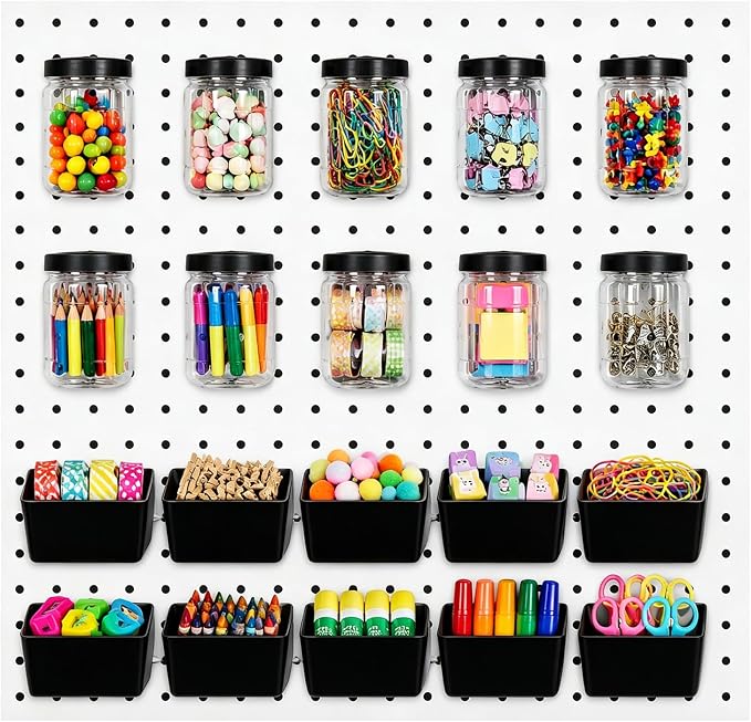 20PCS Pegboard Organizer Accessories, 10 Clear PET Jars with Lids & 10 Open ABS Bins, Fits 1/8” & 1/4” Pegboards, Wall Organizer Set for Garage, Workshop, Craft Room, Office & Home