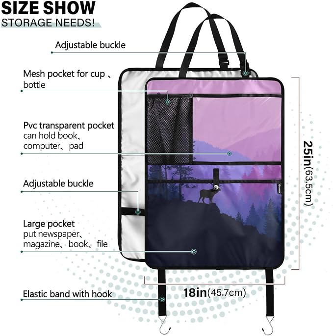 1 Pack Back Seat Car Organizer with Storage Pockets Kick Mats Back Seat Protector Hanging Car Organizer Automotive Seat Back Cover Organizers Purple Stag Mountains and Forest