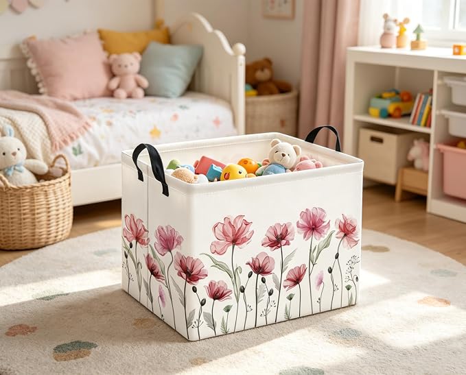 Rectangular Valentines Basket for Women Girls Storage Bin Organizer Box Shelf Room Decor(Silk Flower)