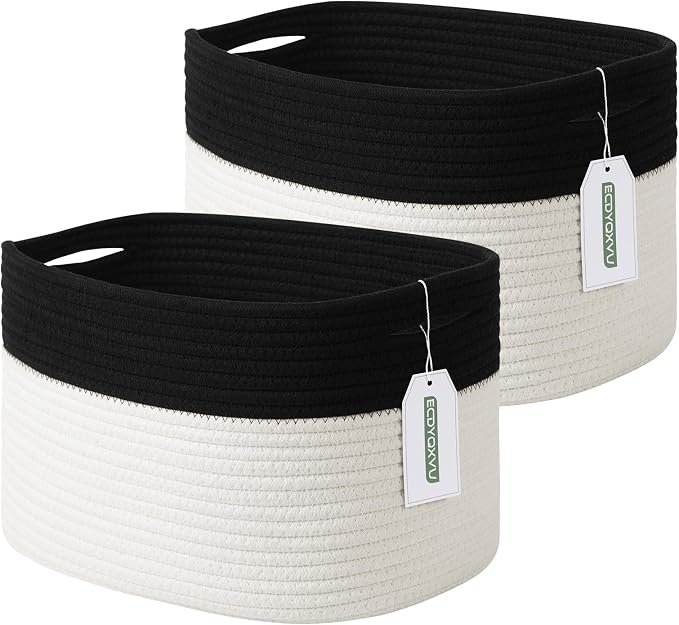 ECDYQXVU 15x10x9 Inch Woven Cotton Rope Storage Basket, 2 Pack | Foldable Design, Built-in Handles, Space-saving Organizer for Living Room, Bedroom, Laundry, Shelves, Clothes, Towels