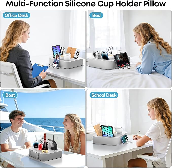 Couch Cup Holder Pillow, Silicone Couch Cup Holder Tray, Couch Caddy for Bed, Car, Desk with Sofa, Snack, Remote, Game Controller, Couch Organizer for Phone Pad Kindle, Gray