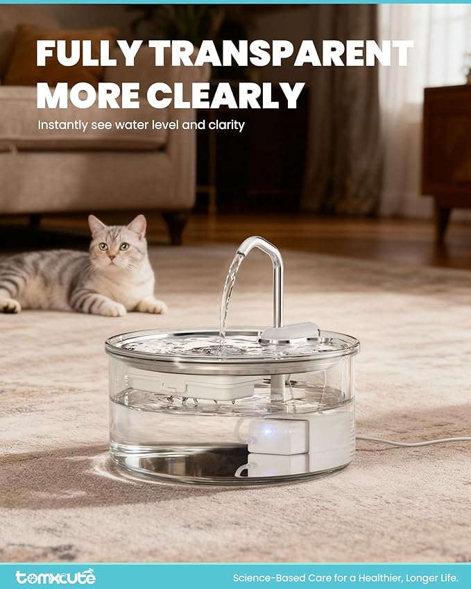 Tomxcute Glass Cat Water Fountain - 108oz/3.2L Ultra-Quiet Cat Fountain for Drinking, Elegant Easy to Clean Glass Pet Water Fountain for Cats, Small Dogs, Multiple Pets, Model Number P11G1