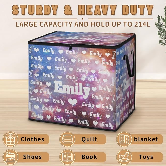 Custom Comforters Storage Basket with Lid, Personalized Name Large Organizer Bin for Pet/Children Toys, Books, Clothes, Perfect for Rooms/Playroom, Galaxy Universe with Love Heart