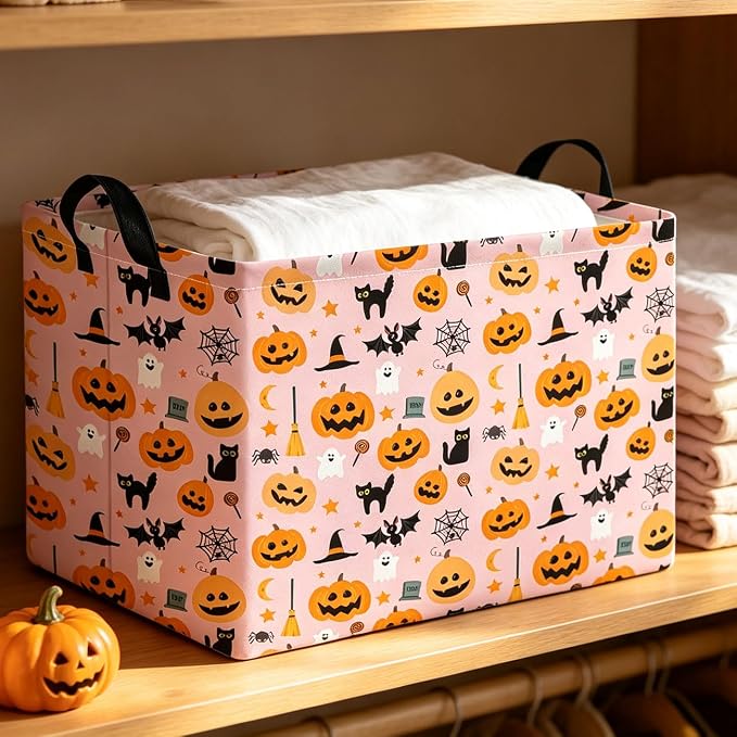 Rectangle Storage Basket with Handles,Collapsible Storage Bin,Books Box,Gift Basket(Pink Cat Halloween)