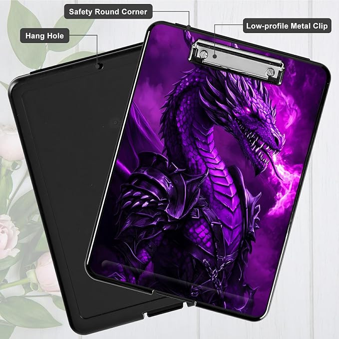 Purple Flaming Dragon A4 Clipboard with Storage Pen Holder, Clipboards Organizer Nursing Clipboard Foldable File Folder Plastic Clipboard Folio Clip Board for Office Students Classroom