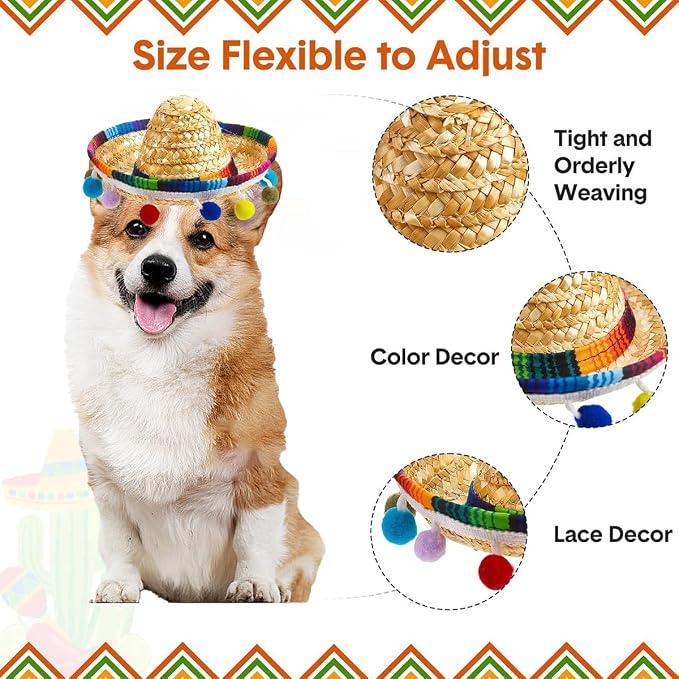 Pet Mexican Hat, Colorful Bobble Ball Tassel, Adjustable Design, Comfortable and Fashionable Dress for Small and Medium-Sized Pets. (Colorful)