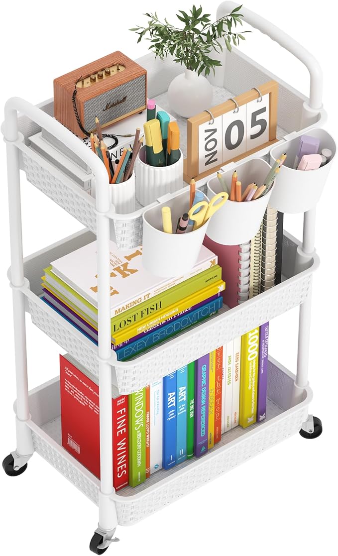 MOYIPIN 3-Tier Plastic Rolling Utility Cart with Handle,White | Utility Storage Cart for Office, Living Room, Kitchen,Movable Storage Organizer，Easy installation，Rattan-like art design