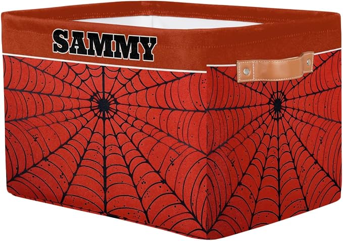 Custom Storage Basket, Personalized Name Rectangle Organizer Bin Spider Web Red Black for Pet/Children Toys, Books, Clothes, Perfect for Rooms/Playroom