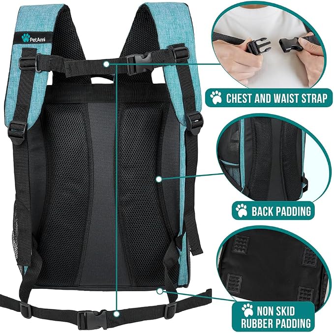 PetAmi Dog Backpack Carrier Airline Approved Cat Pet Puppy Bag, Turquoise | Ideal for Small Medium Large Pet up to 18 lb, 2 Side Entry Structured No-Collapse Frame, Ventilated Bookbag for Hiking Travel