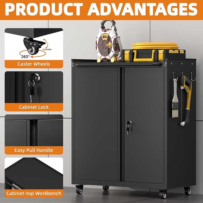 32''H Metal Storage Cabinets with Lock, Metal Garage Storage Cabinet on Wheels, Lockable Rolling Tool Chest Cabinet with Doors & Adjustable Shelves for Garage, Home, Office, Assembly Required