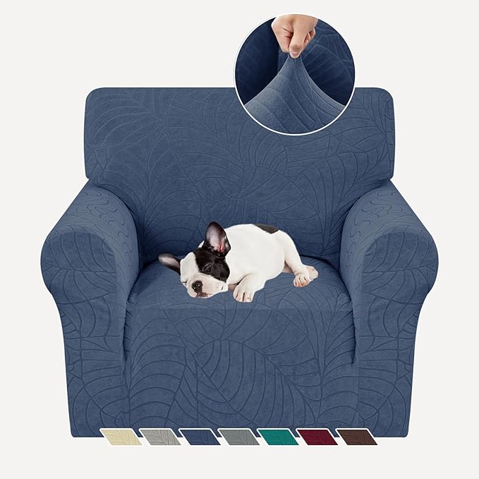 YEMYHOM Couch Cover Latest Jacquard Design High Stretch Sofa Chair Covers for Living Room, Pet Dog Cat Proof Armchair Slipcover Non Slip Magic Elastic Furniture Protector (Small, Begonia Leaf Navy)