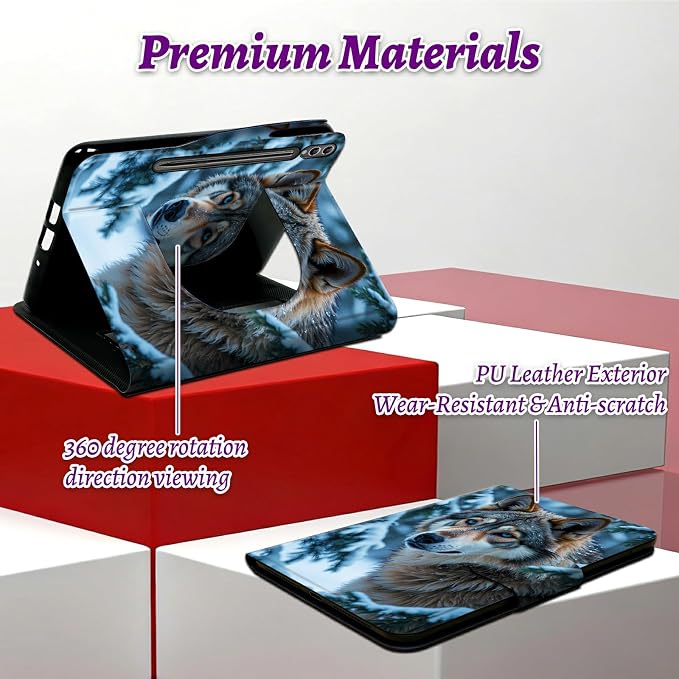 Rotating Handle Case for Samsung Galaxy Tab S8 Plus 2022/S7 FE 2021/S7 Plus 2020 12.4 Inch, 360 Degree Swivel Kickstand with Magnetic Closure Leather Protective Cover, Snow Forest Wolf