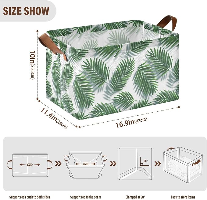 Tropical Green Palm Leaves Storage Basket Foldable Cube Storage Bins with Handles&Label Waterproof Collapsible Organizer Box Bin Large Rectangle Decorative Baskets for Shelves Home Room Laundry