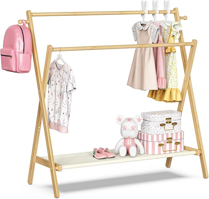 BAMBOOHOMIE Kids Clothing Rack With Storage Shelf & Double Rods, Foldable Dress Up Clothes Rack for Toddler Nursery, Child's Room, 100% Natural Bamboo (Large Size)