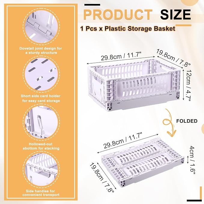 uxcell Collapsible Crates, 11.7x7.8x4.7 Stackable Plastic Storage Baskets with Handle Small Storage Containers for Bedroom Office Classroom Bathroom Desktop Organizer Decor, Light Purple