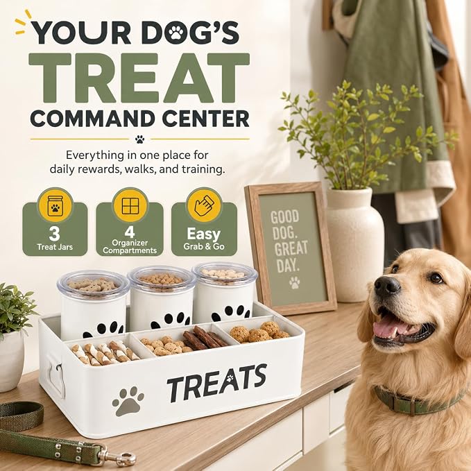 Dog Treat Organizer, 3 Pack 28 Oz Metal Dog Treat Containers with Airtight Lids, Dog Treat Jars and Canister Set for Countertop, Pet Food Treats Station for Dog Cat Biscuits, Kibble(White)