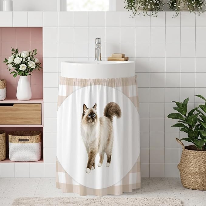 Ragdoll Cat Oven Skirt Curtain for Kitchen Decor 28"x35", Modern Linen Plaid Farmhouse Pet Cats Self Adhesive Stove Curtains Skirt Cabinet Curtains for Bathroom Laundry Room