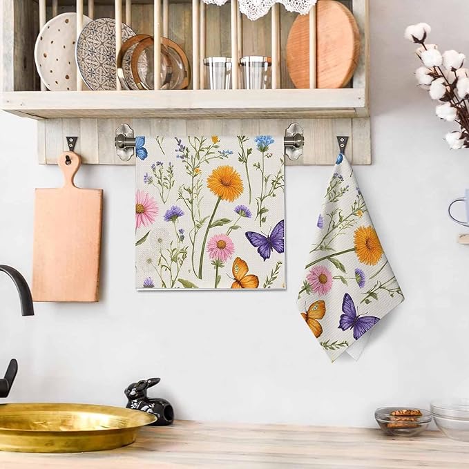 Vintage Floral Waffle Kitchen Dish Cloths Herbs Wild Flowers Botanical Colorful Ultra Soft Absorbent Quick Drying Dish Towels 16 X 24 Inches Set of 2