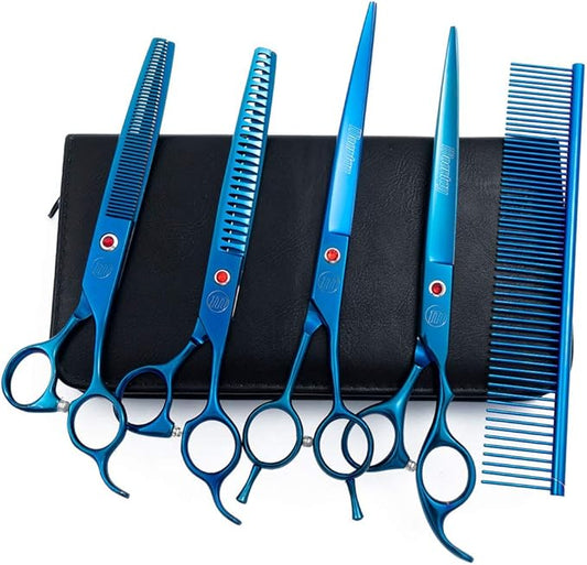 Professional Dog Scissors Set - 7/8 Inch Pet Grooming Shears, Chunkers, Curved and Thinning Scissors With Comb