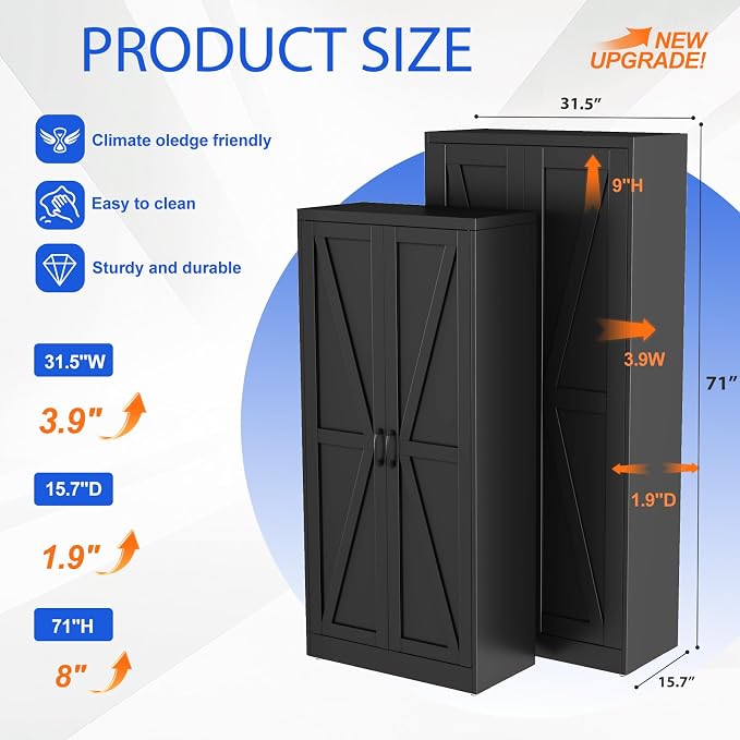 GAIOUS 71" Tall Kitchen Pantry Cabinet,Black Cupboard,Metal Storage Cabinet | with 2 Doors and 4 Adjustable Shelves, Freestanding File Cabinet, 5 Tier Utility Cabinet for Dining Office Bathroom Bedroom