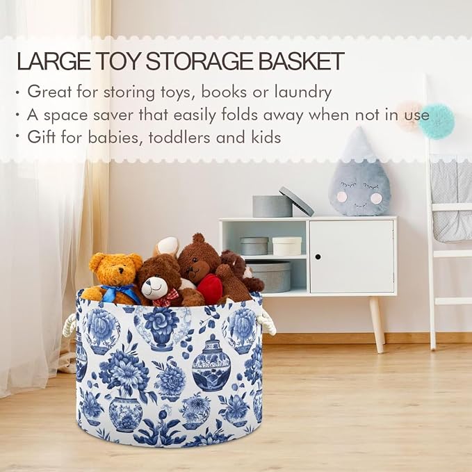 Blue White Floral Collapsible Round Storage Basket with Handles | Chinoiserie Vase Flower Large Laundry Baskets Hamper, Organizer Bin for Nursery Bedroom Living Room Decor, 20x 20x 14 Inches
