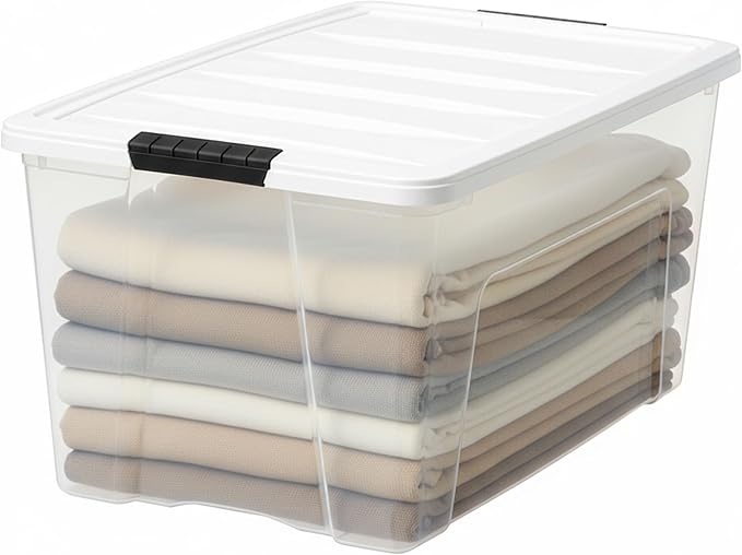 IRIS USA 72 Qt Storage Bins with Lids, 4 Pack, BPA-Free, Clear/White | Great for storing clothing, blankets, moving supplies, garage gear, and seasonal household items.