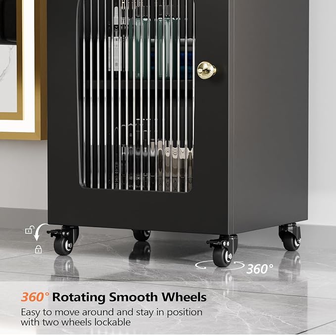 Salon Cart with Wheels & Adjustable Shelf, Black 3-Tier Rolling Beauty Trolley for Hair Stylist, Barber, Esthetician, Storage Cabinet w/Glass Door & Hair Dryer Holder, Mobile Station for Spa, Tattoo