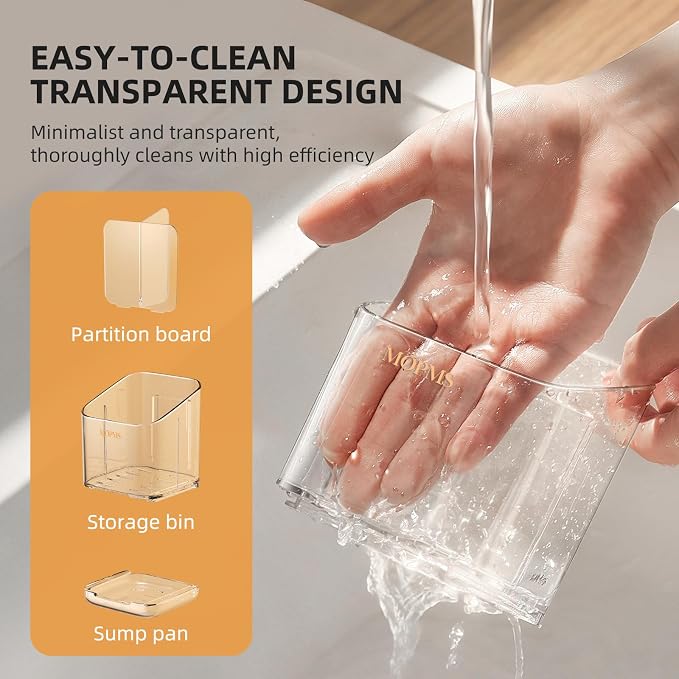 MOPMS Kitchen Sponge Holder with Drip Tray, Sink Caddy Organizer | Clear PET Kitchen Storage Rack Holds Brushes with Removable Divider, Durable Countertop Holder Space-Saving