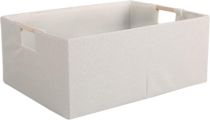 Fabric Storage Bin Box Foldable Cotton Linen Storage Basket with Wooden Handles Rectangular Cube Decorative Home Laundry Organizer Clothes Blanket Container – Beige, Medium | Medium Rectangular Cube Decorative Home Laundry Organizer Clothes Blanket Con...