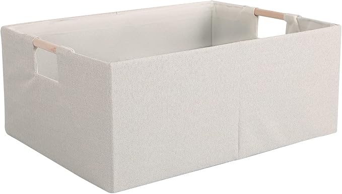Fabric Storage Box, 13x9in Foldable Cotton Linen Basket with Wooden Handle | Small Rectangular Cube Decorative Home Laundry Organizer Clothes Blanket Container Organizing Clothes Sheets Jeans, Beige