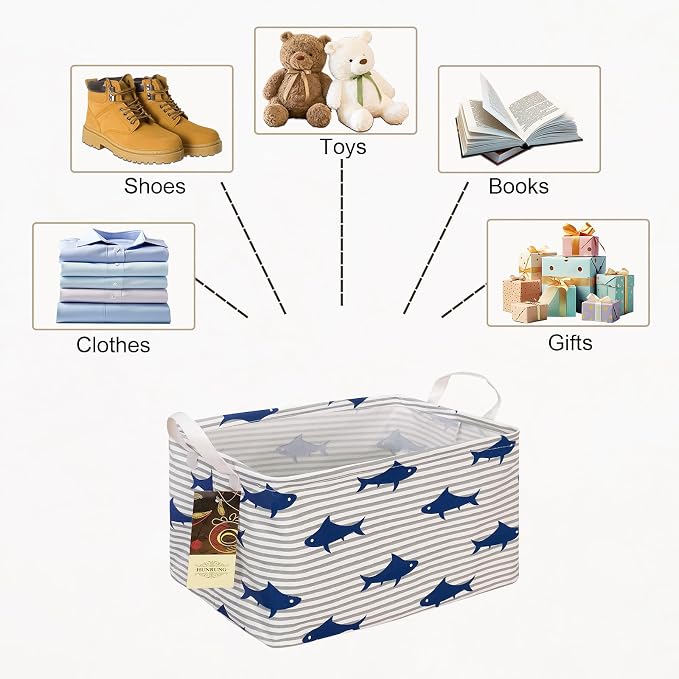 Rectangle Foldable Storage Basket Handles For Home, Shark | Waterproof canvas material, reinforced handles, perfect for shelf use, organizes clothes, daily items and pet supplies