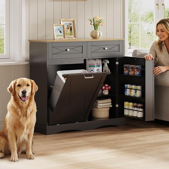 kepptory 37" High Dog Feeding Station with Storage Drawer, Pet Organizers and Storage Adjustable Shelf, Dog Feeder Station, Pet Storage Cabinet for Cats and Dogs (Black)