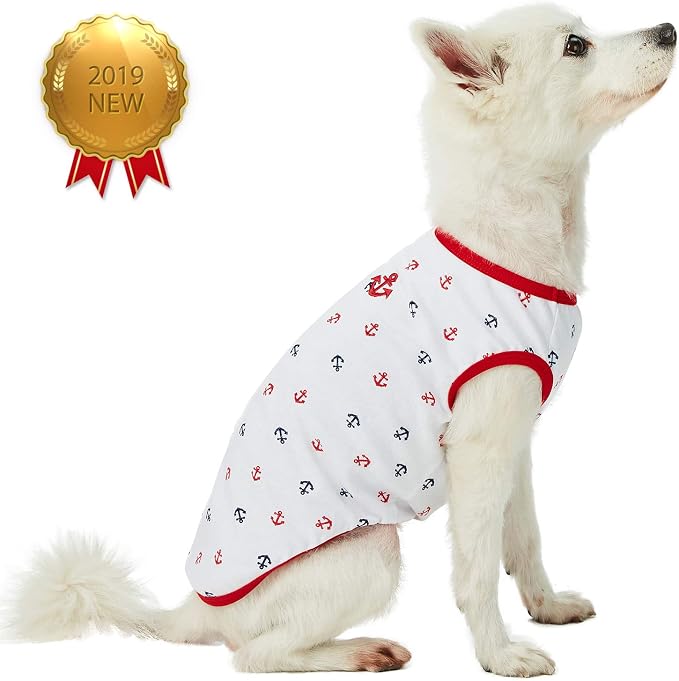 Blueberry Pet Soft & Comfy Summer Vacation Beach Cotton Dog T-Shirts, 2 Pack, Sea Lover Navy Sailor Shirts Tank Top Clothes, Back Length 10", for Small Dogs