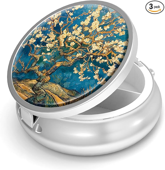 Pill Box-3 Compartment Small Pill Case for Purse & Pocket Mini Metal Pill Holder Travel Pill Container to Hold Supplements Vitamins BPA-Free (Almond Blossom-Van Gogh)